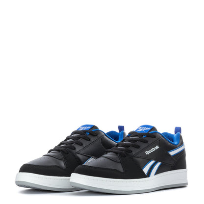 Pair of youth black Reebok sneakers with blue laces, white stripes, white sole