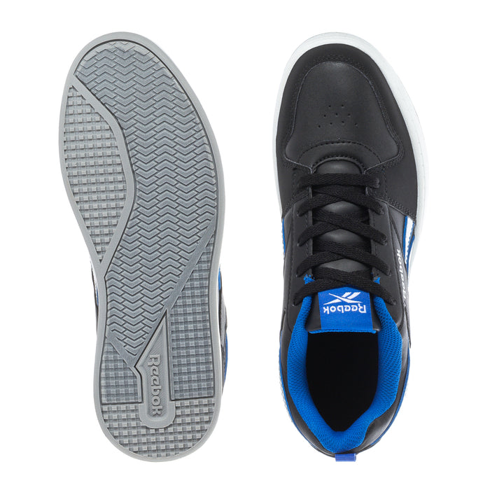 Youth Reebok sneaker outsole and inside view, treaded sole, blue-lined black upper