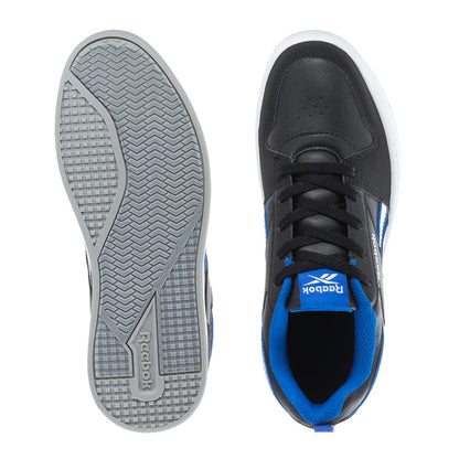 Youth Reebok sneaker outsole and inside view, treaded sole, blue-lined black upper