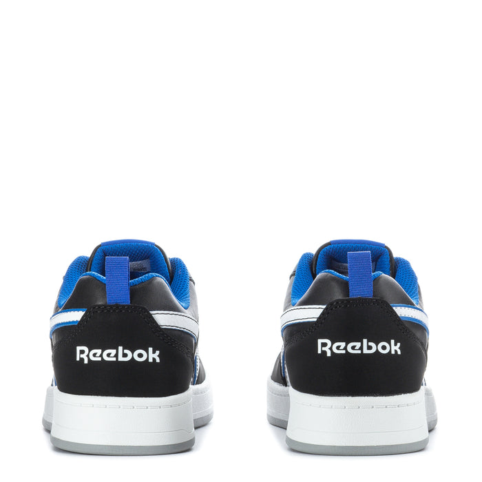 Youth Reebok sneakers heel view, black uppers with blue trim, white sole, lace-up