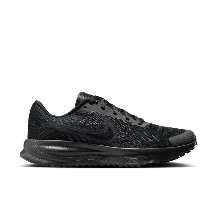 Black knit running shoe for women with swoosh and lace-up closure