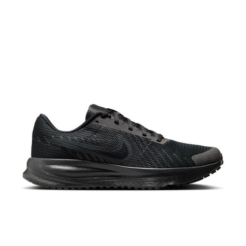 Black knit running shoe for women with swoosh and lace-up closure