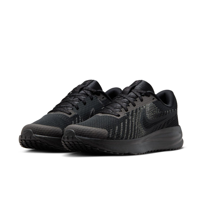 Black knit lace-up running shoes with cushioned sole and low-profile design