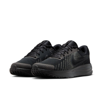 Black knit lace-up running shoes with cushioned sole and low-profile design