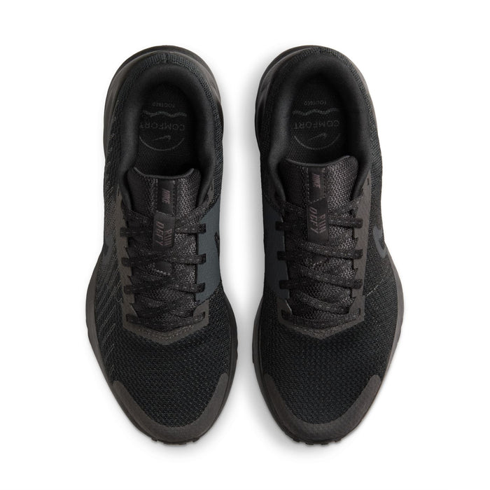 Pair of black performance running shoes with lace-up uppers, front view