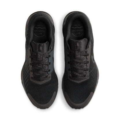 Pair of black performance running shoes with lace-up uppers, front view