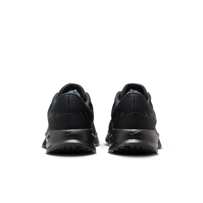 Back view of black lace-up running shoes with cushioned heel and pull tab