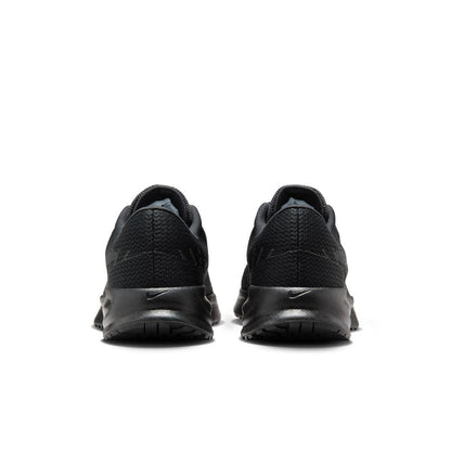 Back view of black lace-up running shoes with cushioned heel and pull tab