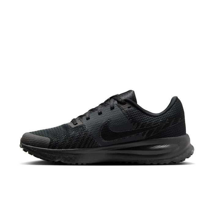 Black running shoe with textured upper, lace-up front, and padded midsole