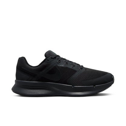 Black men’s running sneaker with mesh upper, lace-up, and cushioned midsole