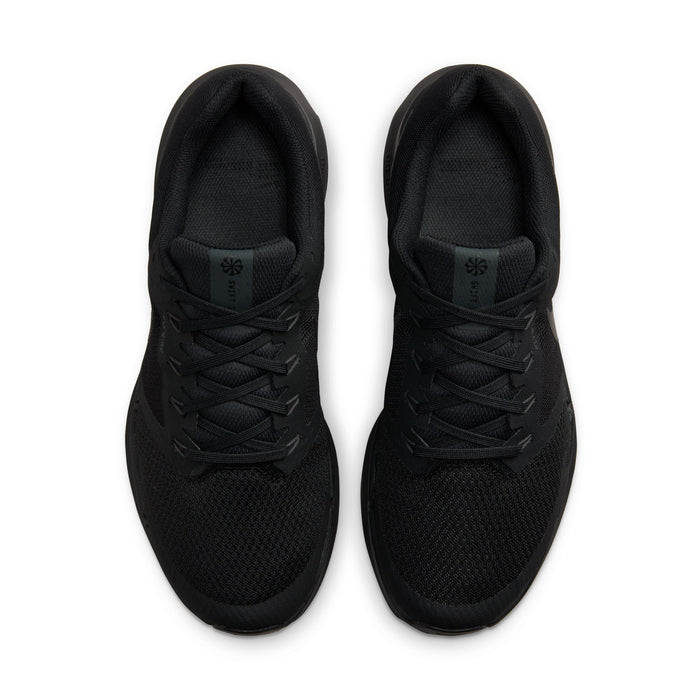 Black men’s running shoes with lace-up fronts, padded tongue, and cushioned collar