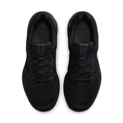 Black men’s running shoes with lace-up fronts, padded tongue, and cushioned collar