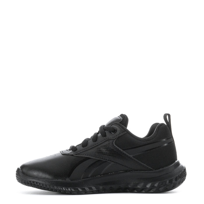 Black kids lace-up sneaker, side view with logo stripe details and grippy outsole tread
