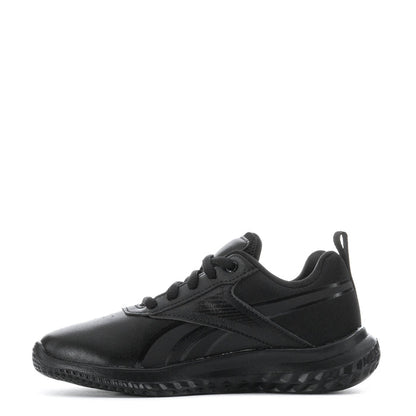 Black kids lace-up sneaker, side view with logo stripe details and grippy outsole tread