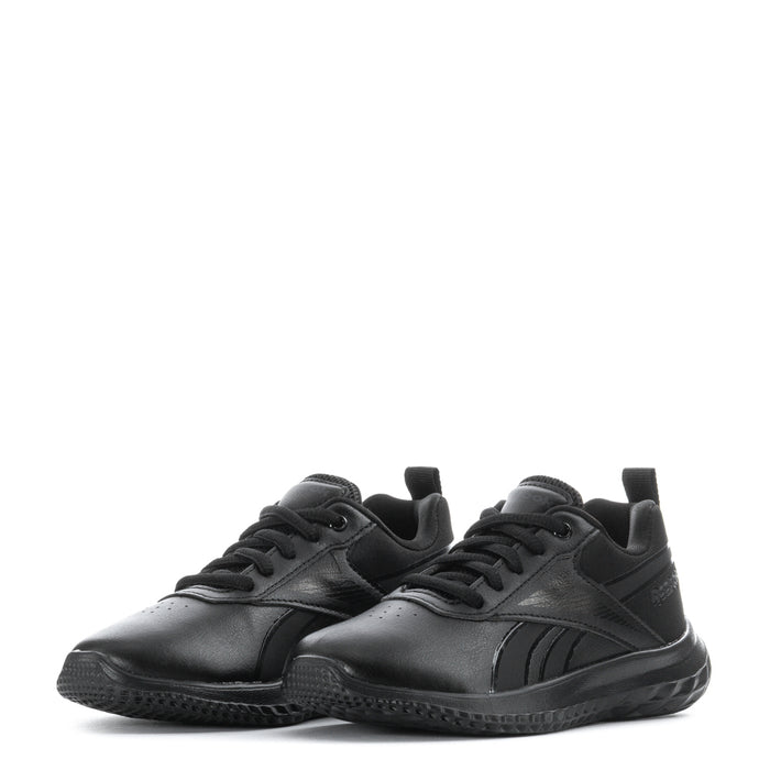 Pair of black kids lace-up sneakers with textured outsoles and padded collars