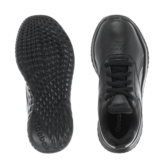 Black kids sneaker outsole tread and lace-up upper with Reebok label inside