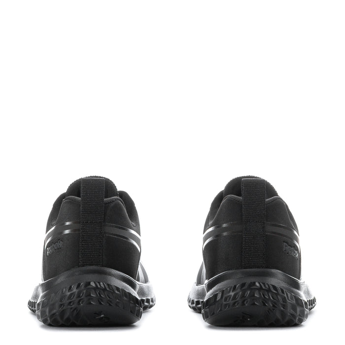 Black kids lace-up sneaker heel view with padded collar and textured rubber outsole