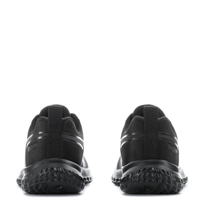 Black kids lace-up sneaker heel view with padded collar and textured rubber outsole