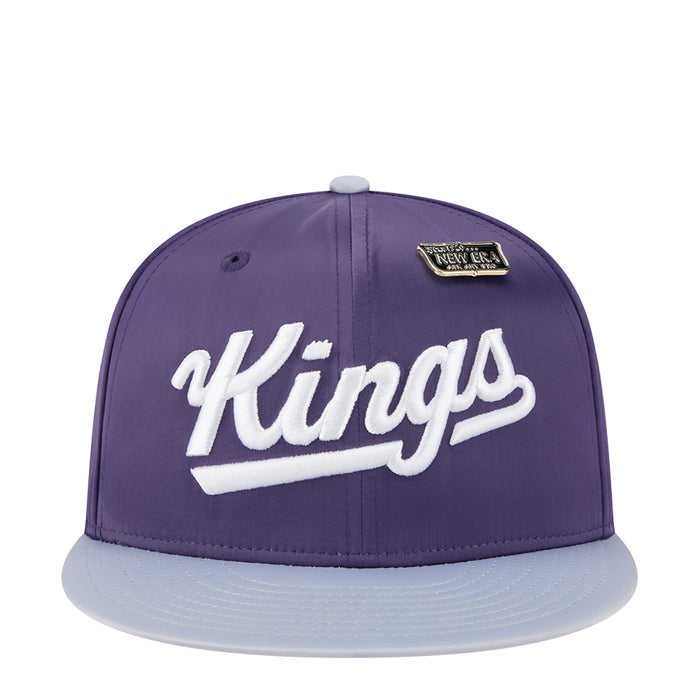 Two-tone satin baseball cap, purple crown with light gray brim, Kings script logo