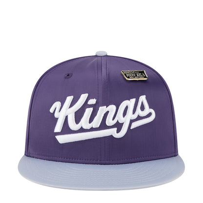 Two-tone satin baseball cap, purple crown with light gray brim, Kings script logo