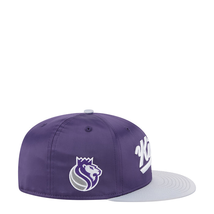 Two-tone satin baseball cap, purple crown and light gray brim, cat and NK logo