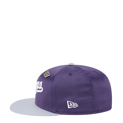 Two-tone satin baseball cap, purple crown with light gray brim, MLB logo patch