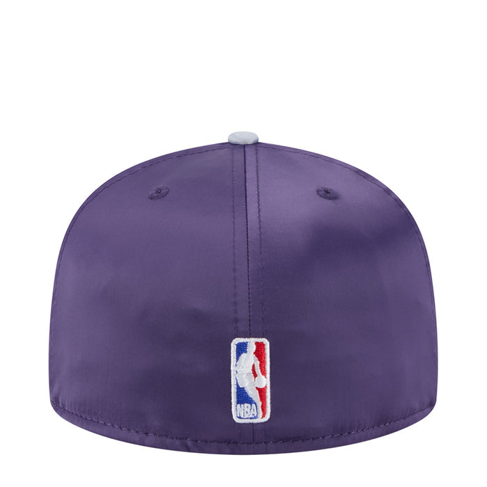 Two-tone satin baseball cap, purple crown with light gray brim, NBA logo on front