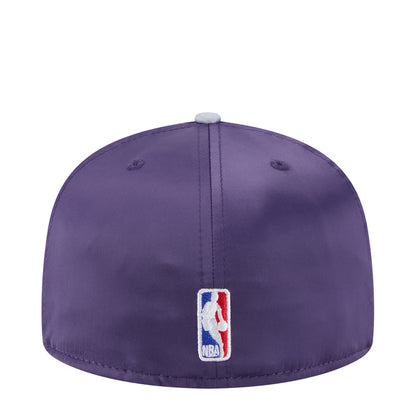 Two-tone satin baseball cap, purple crown with light gray brim, NBA logo on front
