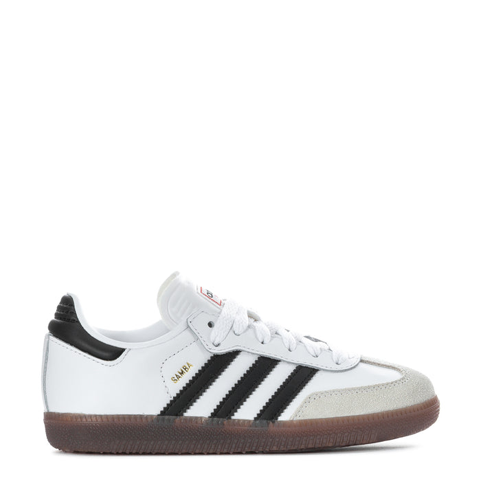 Kids white and black sneakers with three striped side, lace-up front, gum-brown sole