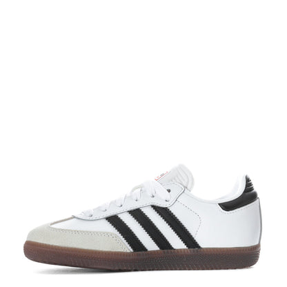 Kids lace-up Samba sneakers in white with black stripes and gum-brown outsole