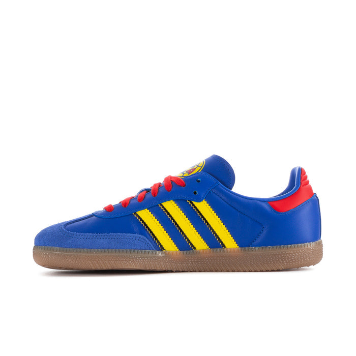 Men's blue low-top sneakers with red collar, yellow triple stripes and red laces