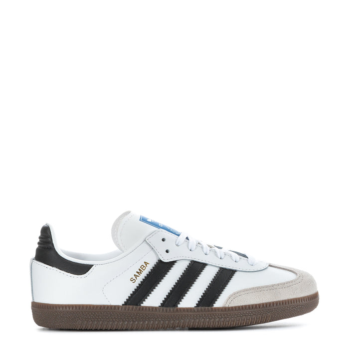 Kids' white leather sneakers with black stripes and gum-brown outsole