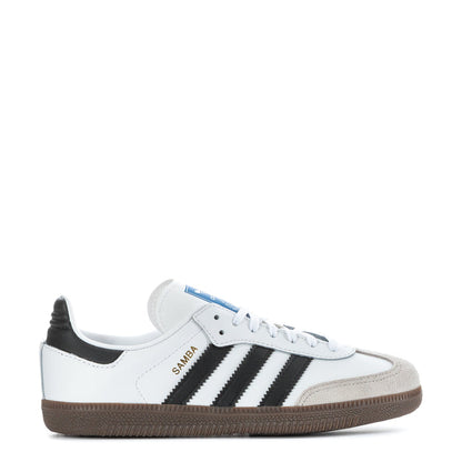 Kids' white leather sneakers with black stripes and gum-brown outsole