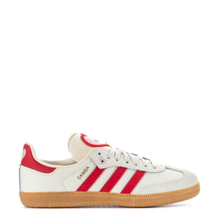 Kids Samba OG sneakers, cream leather with red and pink stripes, gum sole