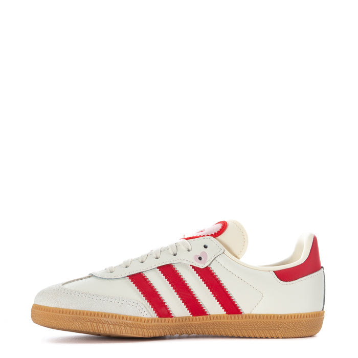 Kids cream and red Samba OG-style sneakers, side stripes and red heel panel