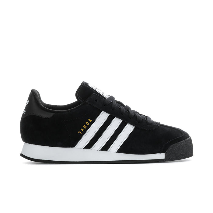 Men's black suede Samba-style sneaker with white three stripes and black laces