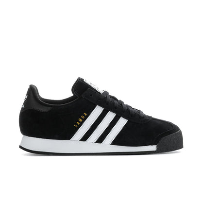 Men's black suede Samba-style sneaker with white three stripes and black laces