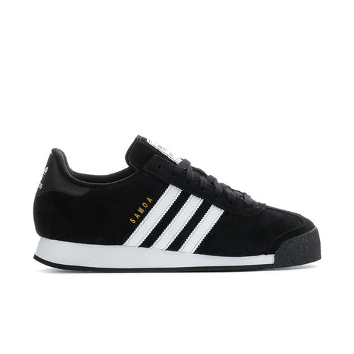 Men's black suede Samba-style sneaker with white three stripes and black laces