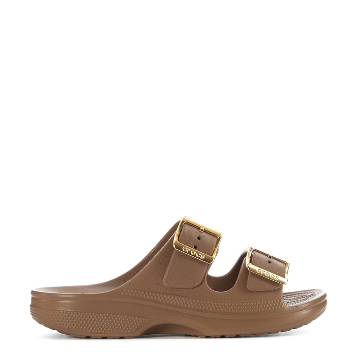 Women’s Crocs slide sandal in sepia with gold metallic buckle straps