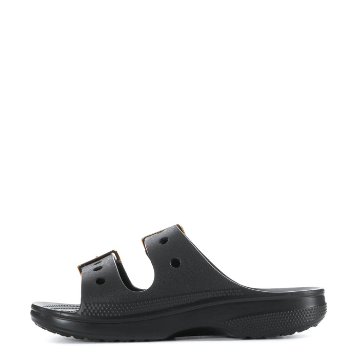 Women's black clog sandal with gold buckle detailing and perforated upper
