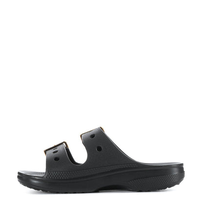 Women's black clog sandal with gold buckle detailing and perforated upper