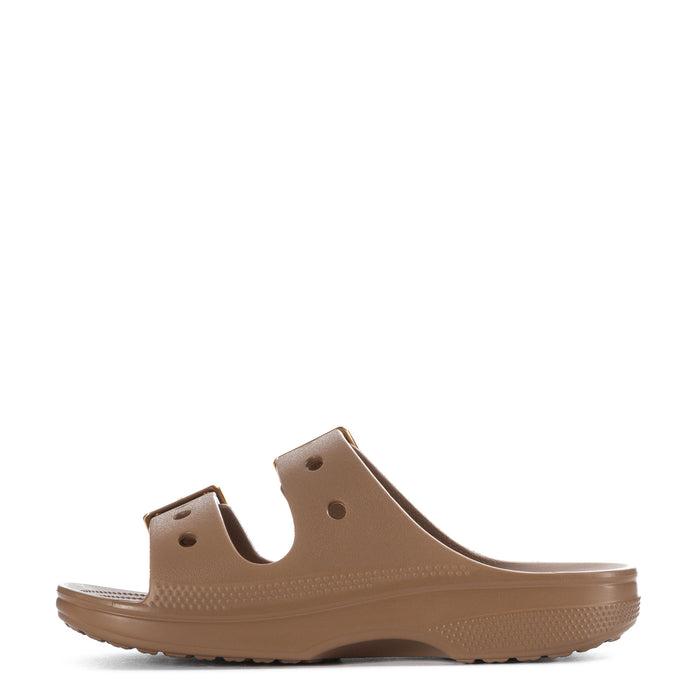 Women’s Crocs sepia slide sandal with gold buckle strap and cushioned footbed