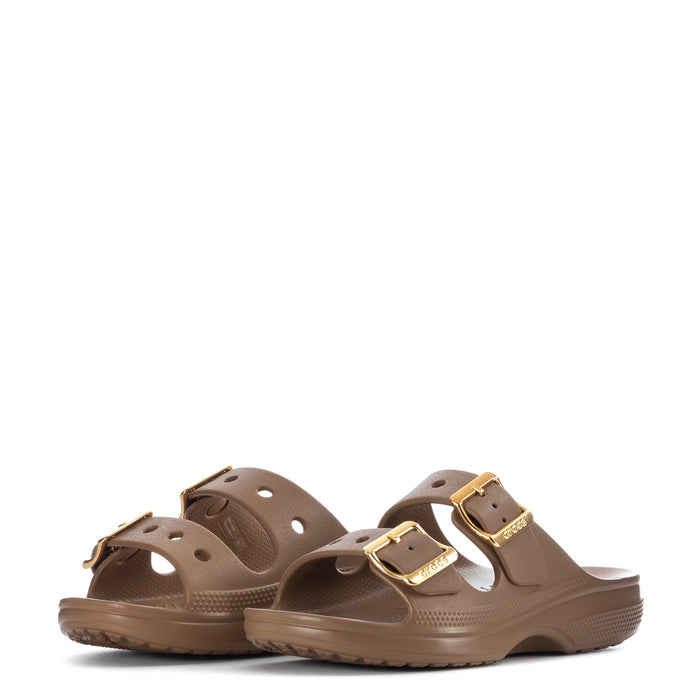 Women’s Crocs sepia slide sandals with two gold buckle straps and vented upper