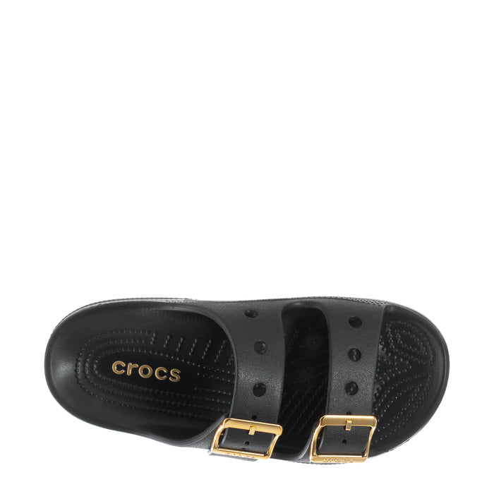 Women's black Crocs slide sandal footbed with gold buckles and perforations