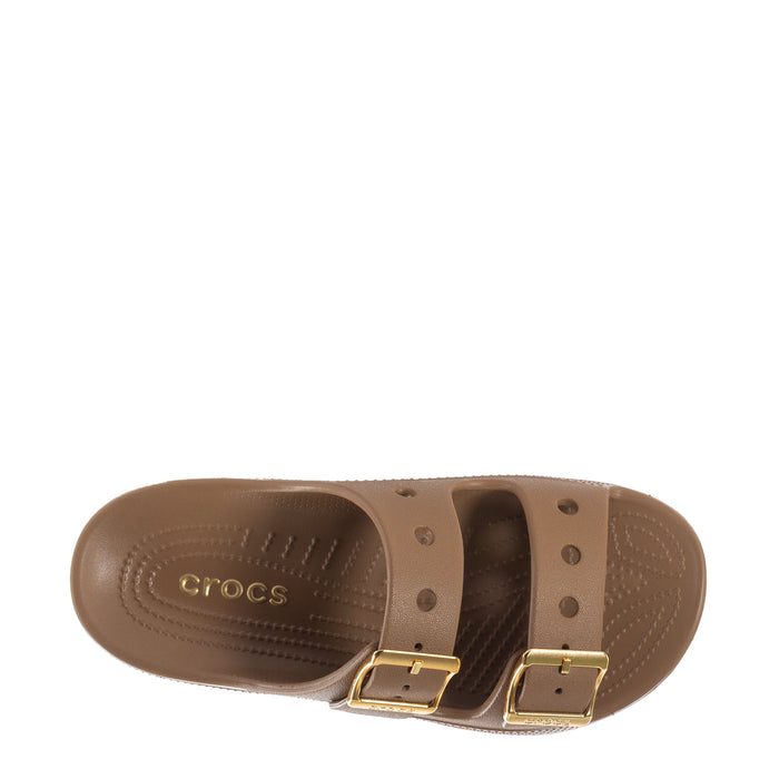 Crocs-logo sepia slide sandal footbed with two gold buckle straps