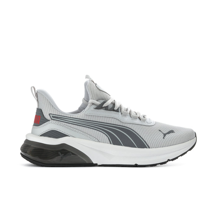 Men's grey Puma lace-up running sneakers, mesh upper, side stripes, black outsole