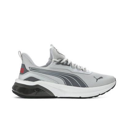 Men's grey Puma lace-up running sneakers, mesh upper, side stripes, black outsole