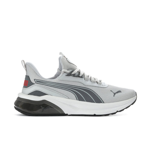 Men's grey Puma lace-up running sneakers, mesh upper, side stripes, black outsole