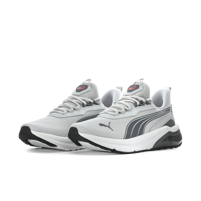 Pair of men's grey Puma lace-up running sneakers with mesh texture and white midsole