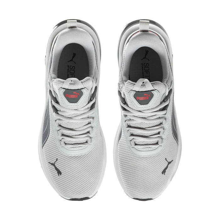 Men's grey Puma lace-up sneakers, front view with padded collar and mesh upper